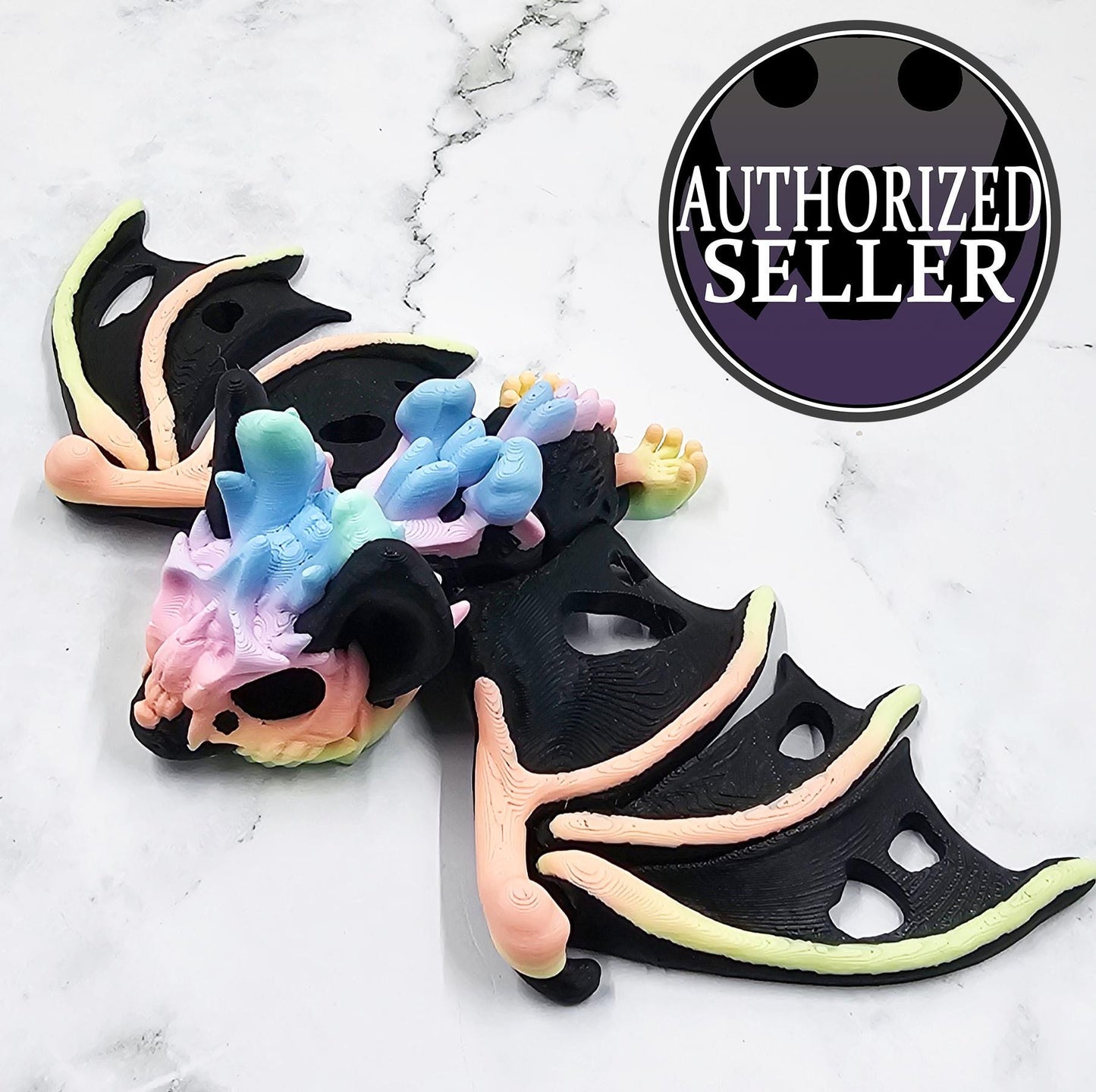 Articulated Hollow Bat – 3D Printed Cinderwing3D Design | Flexi Bat Toy in Black & Pastel Rainbow | Cute Spooky Desk Decor