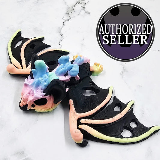 Articulated Hollow Bat – 3D Printed Cinderwing3D Design | Flexi Bat Toy in Black & Pastel Rainbow | Cute Spooky Desk Decor