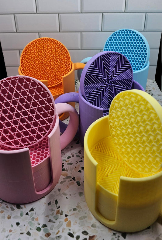 6 Coasters and Mug Shaped Holder Set | 3D Printed Design | Functional and Stylish Coffee Lover Gift