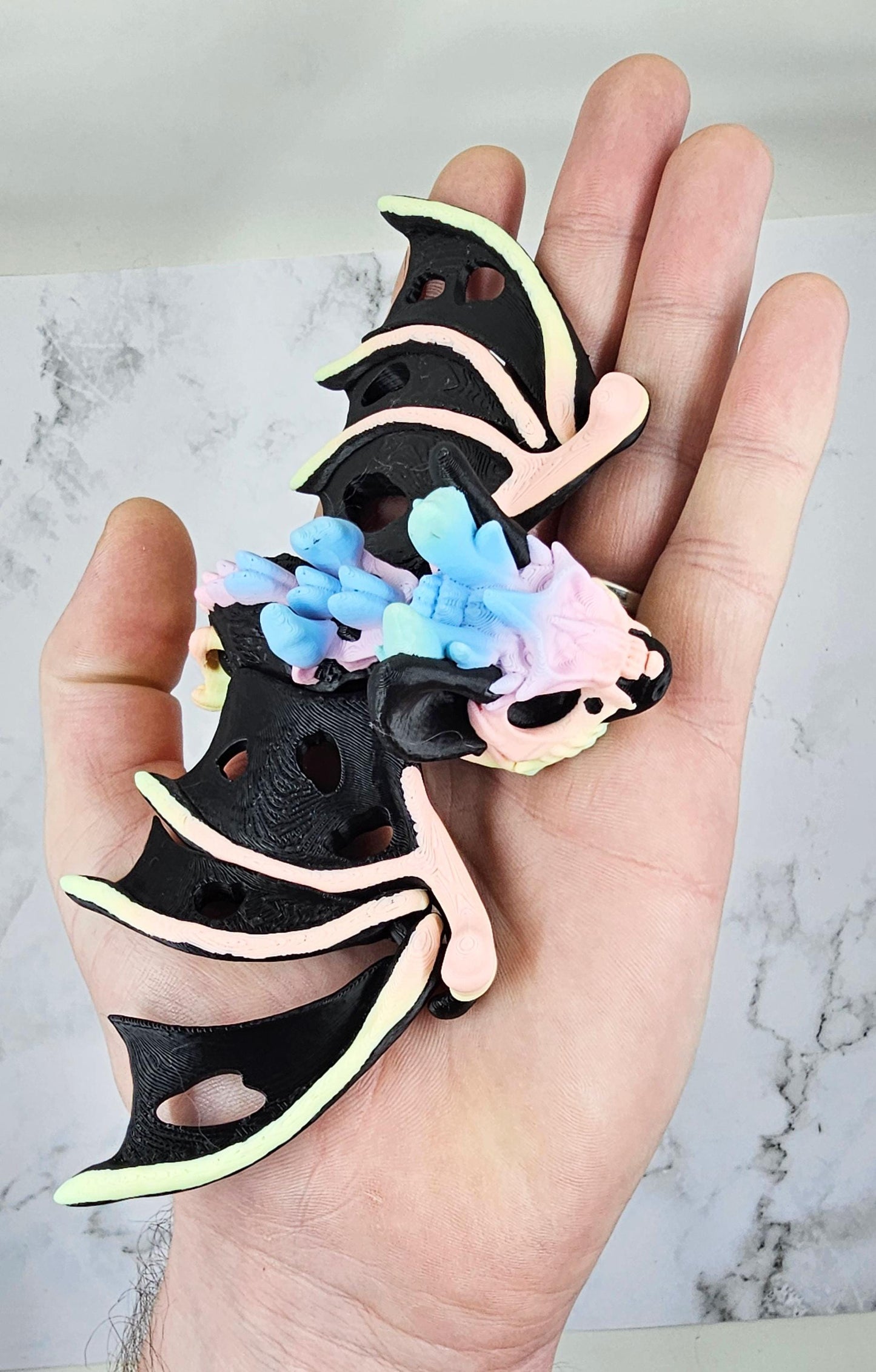 Articulated Hollow Bat – 3D Printed Cinderwing3D Design | Flexi Bat Toy in Black & Pastel Rainbow | Cute Spooky Desk Decor