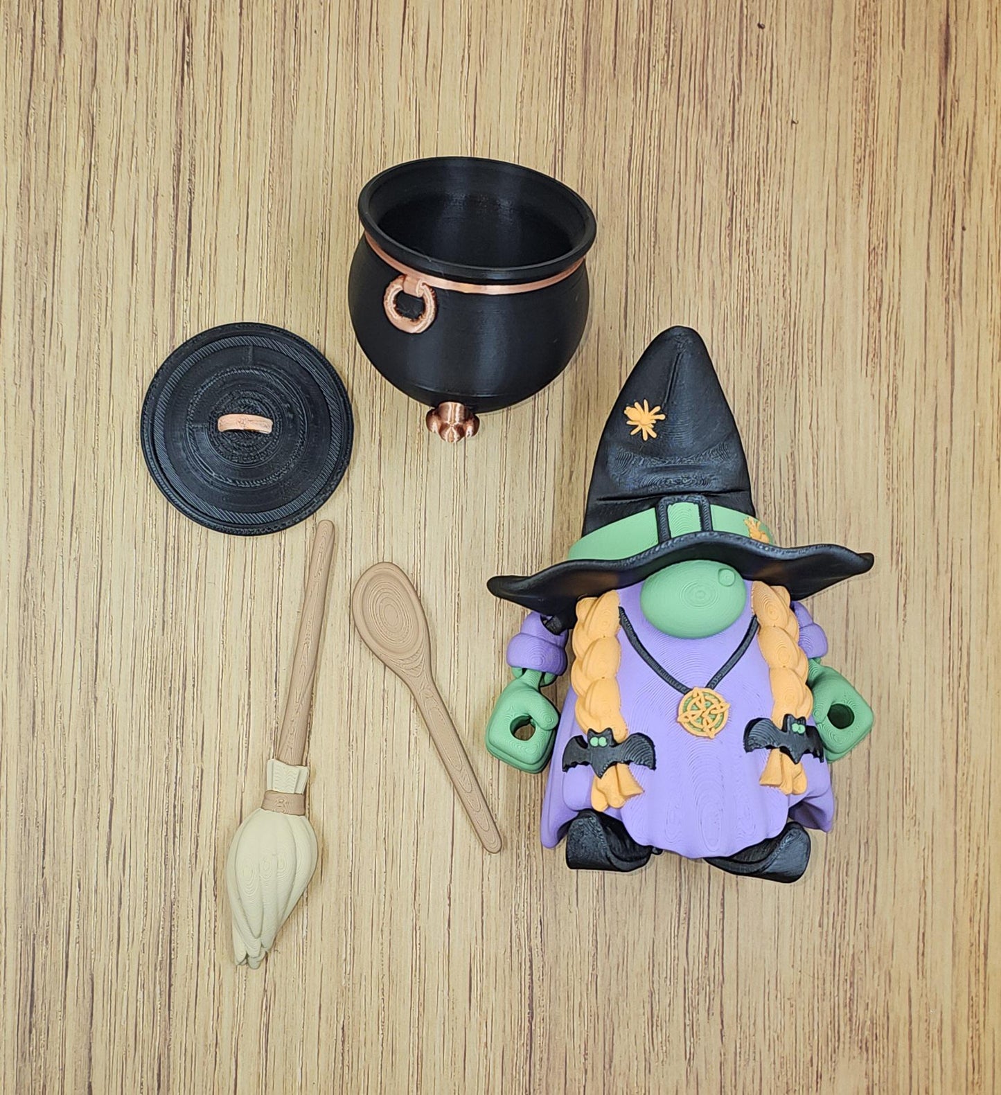 Articulated Witch Gnome β 3D Printed Halloween Decor | Flexi Factory Design with Broom, Cauldron & Spoon | Spooky Gift