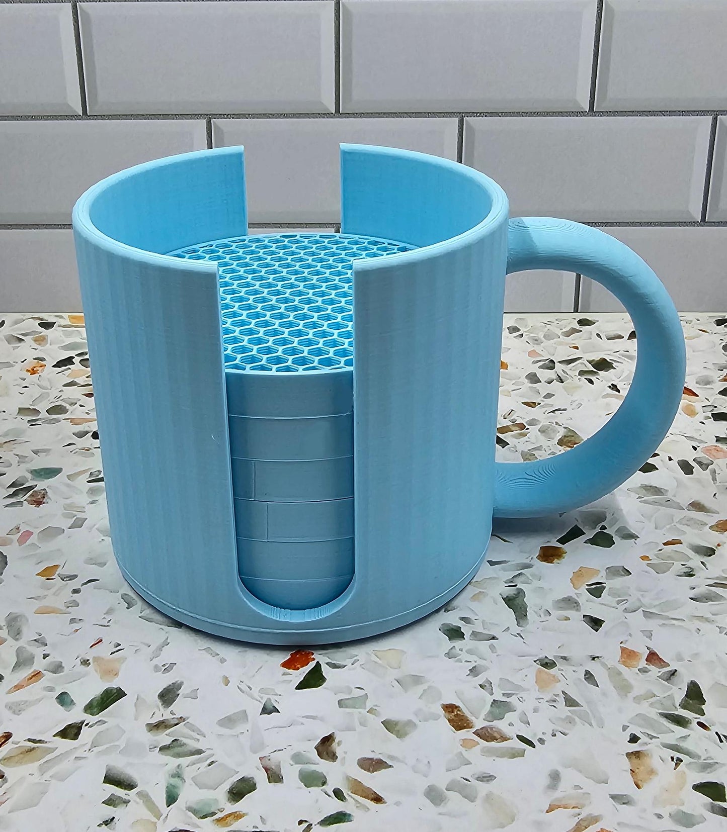 6 Coasters and Mug Shaped Holder Set | 3D Printed Design | Functional and Stylish Coffee Lover Gift