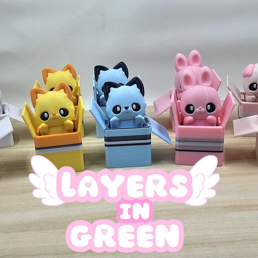 Animals in Boxes Fidget Clicker - Cat, Pig, and Rabbit Stress Relief Great Noise!! Layers in Green Design