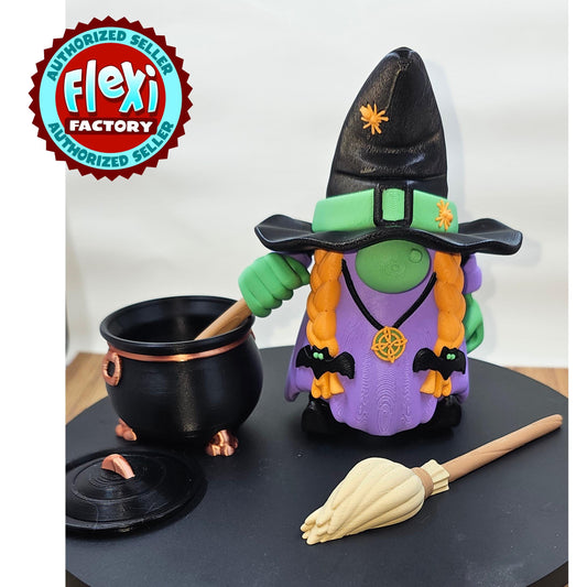 Articulated Witch Gnome – 3D Printed Halloween Decor | Flexi Factory Design with Broom, Cauldron & Spoon | Spooky Gift