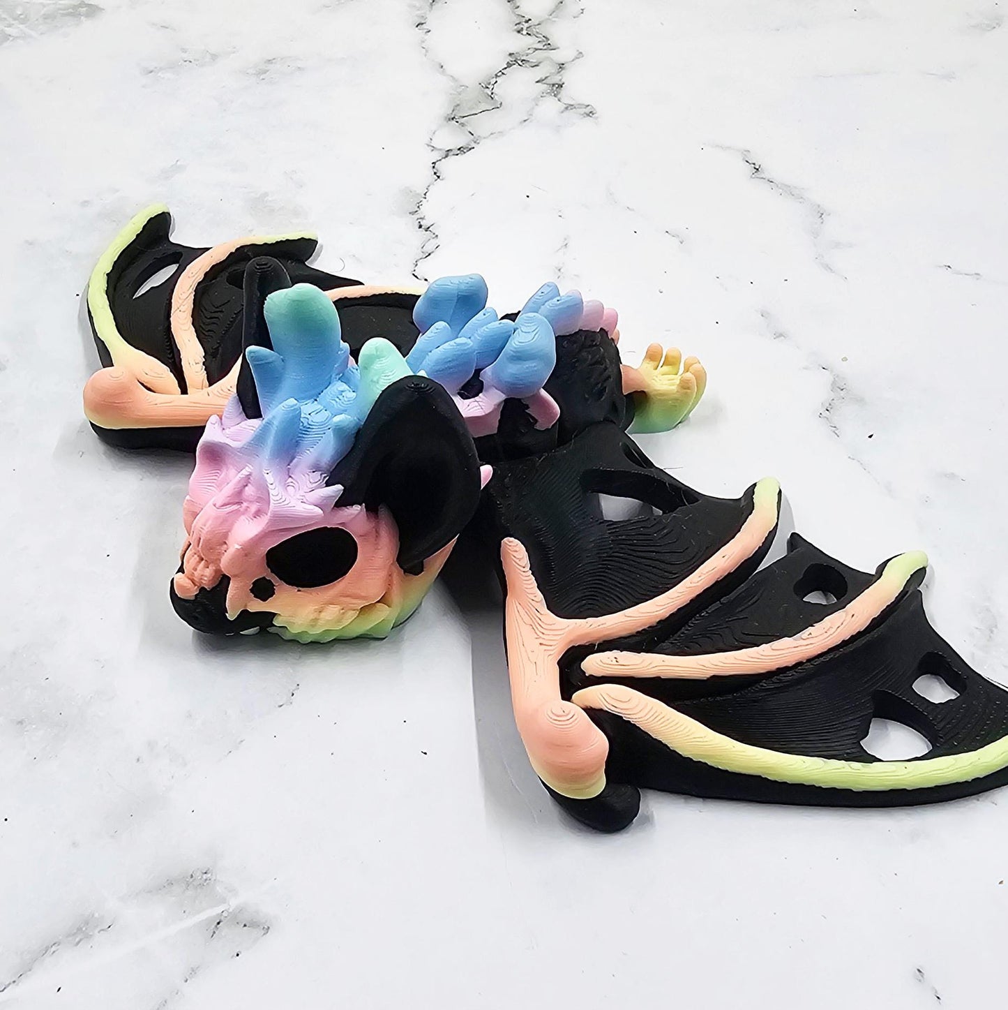 Articulated Hollow Bat – 3D Printed Cinderwing3D Design | Flexi Bat Toy in Black & Pastel Rainbow | Cute Spooky Desk Decor