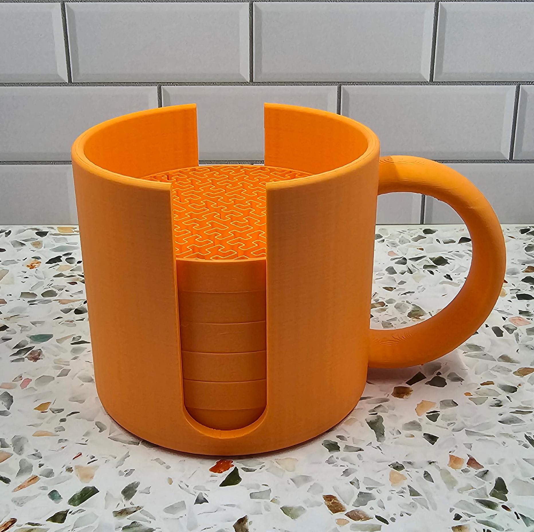 3D Printed Coaster Set with Mug-Shaped Holder: Coffee Lover Gift