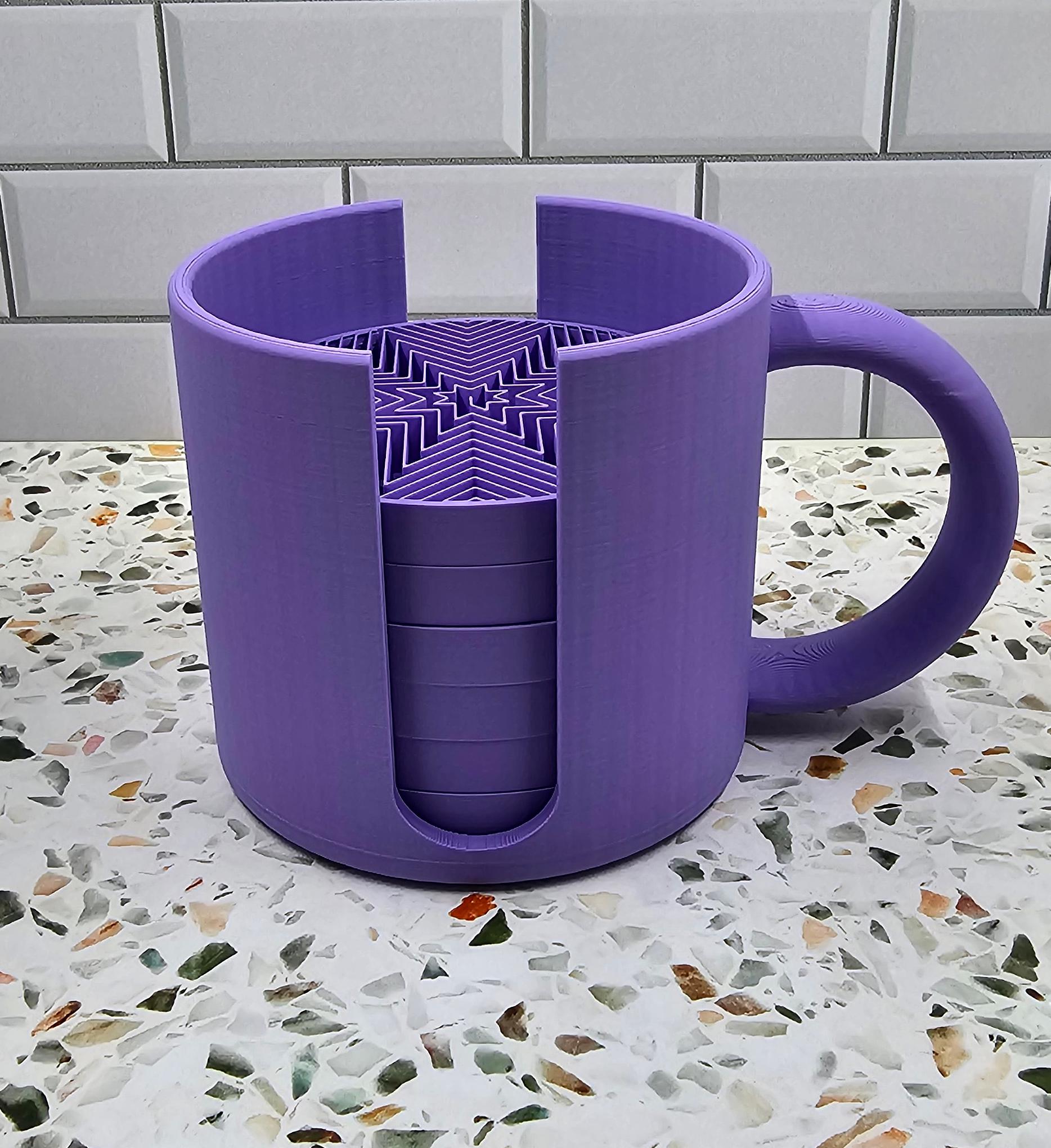3D Printed Coaster Set with Mug-Shaped Holder: Coffee Lover Gift