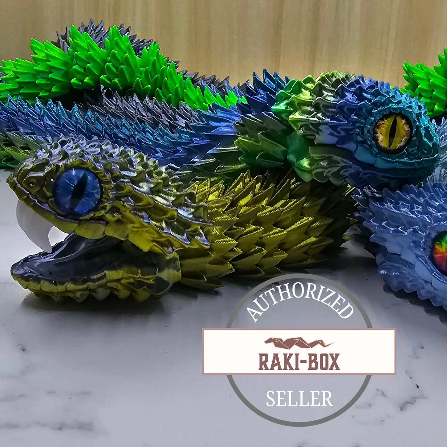 Articulating Bush Viper Snake - 3D Printed with Glass Eyes | Unique Raki-Box Design |