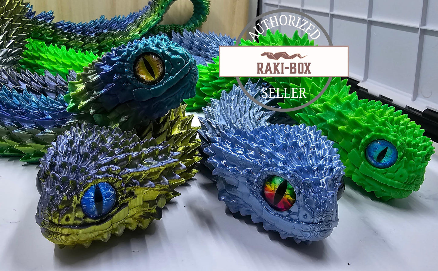 Articulating Bush Viper Snake - 3D Printed with Glass Eyes | Unique Raki-Box Design |