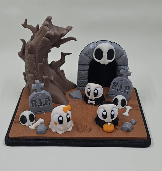 Mini Halloween Graveyard Diorama with 3 Random Ghosts | Cute Spooky Scene | Collectible 3D Printed Decoration